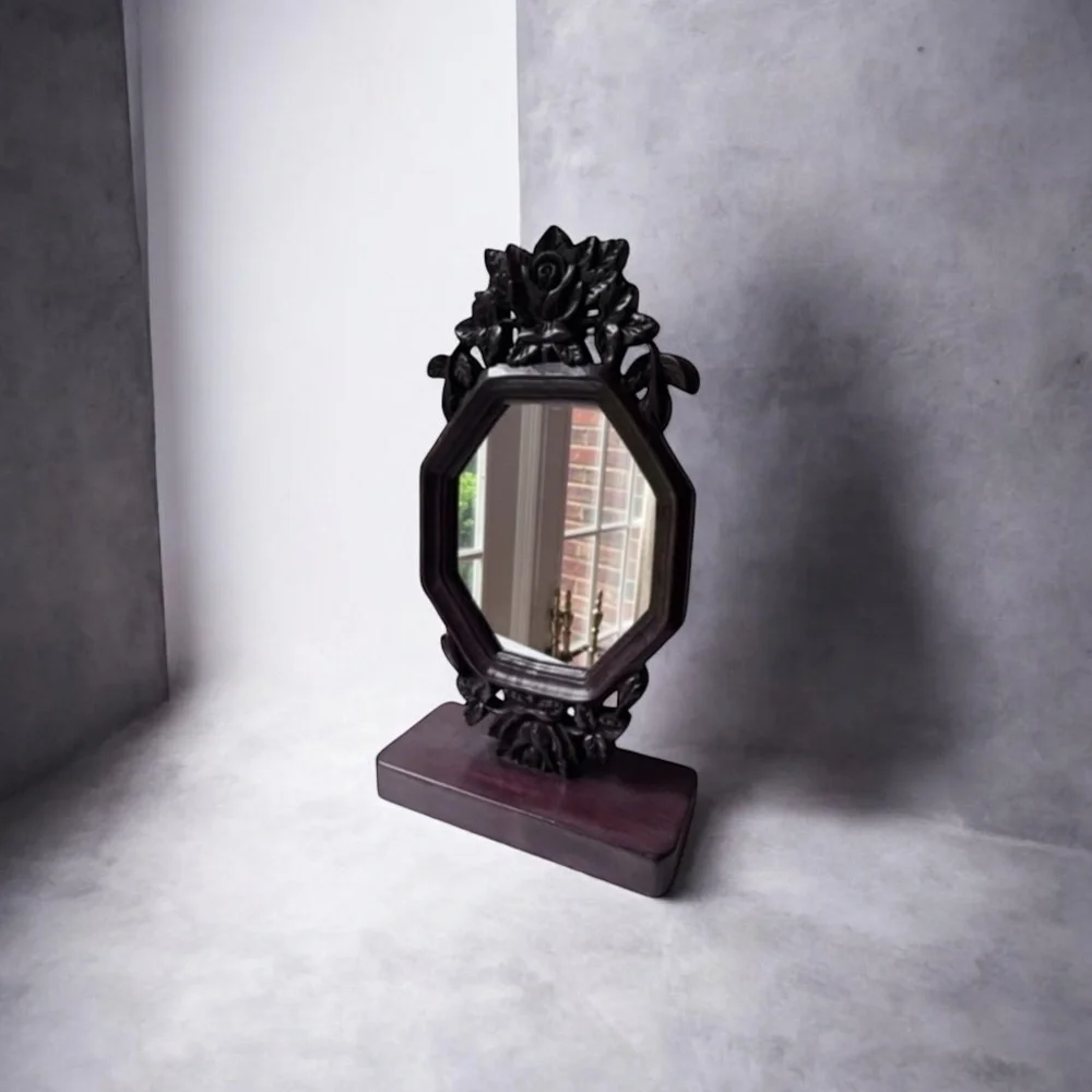 Antique hand carved vanity mirror Floral frame walnut wood frame